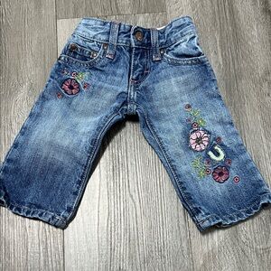 Wrangler baby Blue Denim Jeans with Pink Floral Embroidery 3-6M 100% Cotton